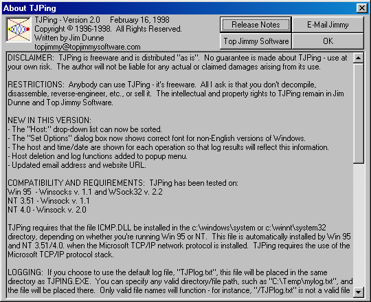"About TJPing" Dialog Box (21432 bytes)